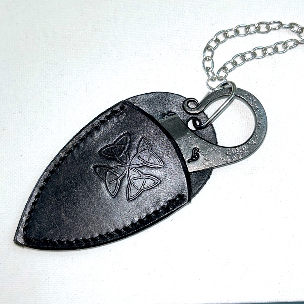 Hand Forged Celtic Cross Knife Black Leather Holder Stainless Steel Necklace - Picture 3 of 10